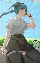  1girl absurdres aqua_hair arm_support black_skirt black_thighhighs blue_eyes blue_sky breasts bush chain-link_fence closed_mouth collared_shirt cowboy_shot day falling_leaves fence floating_hair from_below hair_ornament hand_up hatsune_miku highres leaf long_hair looking_to_the_side miniskirt nun178089 outdoors racket shirt shirt_tucked_in short_sleeves sidelocks sitting skirt sky small_breasts smile solo sportswear striped_wristband sweat tennis_racket tennis_skirt tennis_uniform thigh-highs twintails vocaloid white_shirt wind wristband zettai_ryouiki 