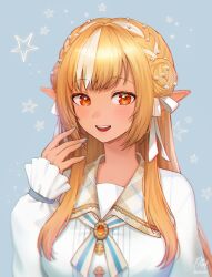  1girl blonde_hair blue_nails brown_sailor_collar elf hair_bun hair_ribbon highres hololive long_hair long_sleeves multicolored_hair noixen orange_eyes plaid_clothes plaid_sailor_collar pointy_ears ribbon sailor_collar shiranui_flare solo streaked_hair tan twitter_username upper_body white_hair white_ribbon 