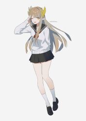  1girl 55555may ;d absurdres arknights arm_behind_back black_sailor_collar black_shoes black_skirt brown_hair cardigan commentary elf full_body grey_background grey_socks highres kneehighs loafers long_hair looking_at_viewer miniskirt mole mole_under_eye muelsyse_(arknights) neckerchief one_eye_closed pleated_skirt pointy_ears red_neckerchief sailor_collar salute school_uniform serafuku shoes simple_background skirt sleeves_past_wrists smile socks solo standing twitter_username white_cardigan yellow_eyes 