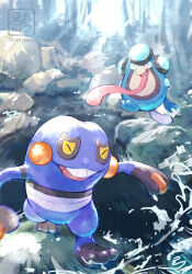  animal_focus closed_eyes commentary_request croagunk highres long_tongue no_humans nostrils ohdon open_mouth outdoors palpitoad pokemon pokemon_(creature) pokemon_focus rock smile teeth tongue tongue_out upper_teeth_only very_long_tongue water 