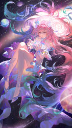  1girl absurdres bare_shoulders blue_flower chinese_commentary colored_tips commentary_request cyrene_(honkai:_star_rail) cyrene_(ripples_of_past_reverie)_(honkai:_star_rail) detached_sleeves dress eyelashes feather_hair_ornament feathers floating floating_hair flower full_body hair_flower hair_ornament halter_dress halterneck hei_yu high_heels highres honkai:_star_rail honkai_(series) knees leg_tattoo long_dress long_hair looking_at_object meteor_shower multicolored_hair object_floating_above_hand parted_lips pink_hair planet planetary_ring purple_flower purple_rose rose shoes short_sleeves smile solo space tattoo train_(clothing) very_long_hair violet_eyes white_dress white_shoes white_sleeves 