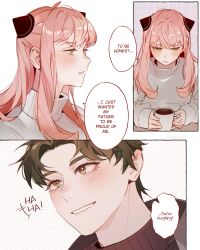  1boy 1girl aged_up ahoge anya_(spy_x_family) black_pantyhose black_sweater blush breasts brown_eyes brown_hair brown_skirt coat commentary cup damian_desmond english_text green_eyes grey_coat grid_background hairpods highres holding holding_cup ideksams long_hair looking_at_another medium_breasts pantyhose parted_bangs parted_lips pink_hair short_hair sidelocks skirt smile spy_x_family sweater symbol-only_commentary table turtleneck turtleneck_sweater white_background white_sweater 