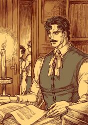  3boys book brown_theme candle candlelight candlestand commentary danny_(jojo) dio_brando dog door facial_hair father_and_son george_joestar highres indoors jojo_no_kimyou_na_bouken jonathan_joestar limited_palette male_focus multiple_boys mustache neck_ribbon peeking peeking_out phantom_blood ribbon ringodraws shirt symbol-only_commentary vest 