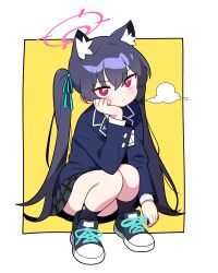  1girl absurdres animal_ear_fluff animal_ears ankle_socks black_hair black_shoes black_skirt black_socks blazer blue_archive blue_jacket blush breath cat_ears collared_shirt full_body hair_between_eyes halo hand_on_own_cheek hand_on_own_face head_rest highres id_card jacket jorang_(jorang08) long_hair long_sleeves looking_at_viewer outside_border pink_halo pleated_skirt pout red_eyes school_uniform serika_(blue_archive) shirt shoelaces shoes sidelocks skirt sneakers socks solo squatting twintails white_background white_shirt yellow_background 