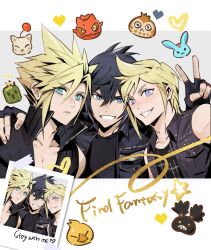  3boys aries20770321 arm_at_side bare_shoulders black_gloves black_hair black_jacket black_shirt black_vest blonde_hair blue_eyes bomb_(final_fantasy) border carbuncle_(final_fantasy) chocobo closed_mouth cloud_strife commentary copyright_name final_fantasy final_fantasy_vii final_fantasy_vii:_advent_children final_fantasy_xv fingerless_gloves gloves grey_background grin hair_between_eyes highres jacket male_focus moogle multiple_boys noctis_lucis_caelum polaroid_photo popped_collar prompto_argentum sabotender shirt short_hair smile spiky_hair symbol-only_commentary teeth upper_body vest white_border 