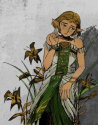  1girl bare_shoulders black_flower blonde_hair bracelet bright_pupils chinese_commentary circlet closed_mouth clouds cloudy_sky collarbone commentary_request day detached_sleeves dress earrings facial_tattoo feather_sleeves feet_out_of_frame flower frown gold_bracelet gold_circlet green_dress green_eyes green_tabard hand_on_lap hand_on_own_ear highres jewelry layered_dress lily_(flower) long_dress looking_to_the_side outdoors pointy_ears princess_zelda rock sad short_hair short_sleeves sitting sky solo strapless strapless_dress tabard tattoo teardrop_tattoo the_legend_of_zelda the_legend_of_zelda:_twilight_princess thick_lips white_dress white_pupils white_sleeves xinzangjian 