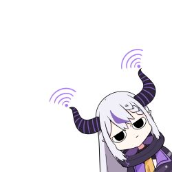  black_dress braid braided_bangs closed_mouth commentary demon_horns dress fong_(fongthe0125) grey_hair hashtag-only_commentary highres hololive horns la+_darknesss la+_darknesss_(1st_costume) long_hair multicolored_hair pointy_ears purple_hair simple_background streaked_hair upper_body virtual_youtuber white_background wi-fi_symbol 