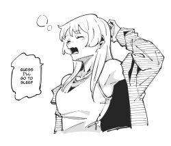  1girl absurdres animal_ears bang_dream! bang_dream!_it&#039;s_mygo!!!!! breasts commentary english_text fang greyscale highres jacket long_hair masruu medium_breasts monochrome open_mouth simple_background skin_fang solo tank_top white_background yawning 