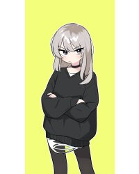  1girl absurdres black_choker black_pantyhose black_sweater border choker crossed_arms dot_nose feet_out_of_frame frown girls_band_cry grey_eyes grey_hair highres jorang_(jorang08) kawaragi_momoka pantyhose simple_background solo standing sweater torn_clothes tsurime unamused v-shaped_eyebrows white_border yellow_background 