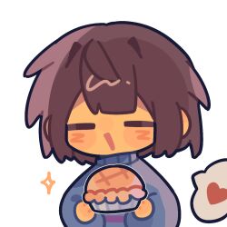  1other =_= androgynous blue_sweater blunt_bangs blush_stickers brown_hair chibi chinese_commentary colored_skin commentary_request food frisk_(undertale) happy heart holding holding_food long_sleeves loose_hair_strand messy_hair open_mouth other_focus pie puffy_long_sleeves puffy_sleeves short_hair simple_background smile solo sparkle speech_bubble spoken_heart striped_clothes striped_sweater sweater turtleneck turtleneck_sweater undertale upper_body utdr_(toby_fox) white_background xianyu_fish yellow_skin 