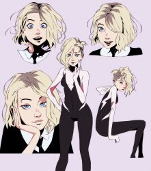  1girl asymmetrical_hair black_bodysuit black_necktie blonde_hair blue_eyes bodysuit breasts collared_shirt cowboy_shot eyebrow_piercing face_piercing feet_out_of_frame hair_between_eyes hand_on_own_cheek hand_on_own_face hand_on_own_hip head_on_hand highres hood hood_down looking_at_viewer marvel medium_breasts medium_hair multicolored_bodysuit multiple_views necktie onasugar open_mouth parted_lips piercing pink_background shirt sidecut sitting solo spider-gwen spider-man:_into_the_spider-verse spider-man_(series) spider-verse superhero_costume swepot two-tone_bodysuit undercut white_bodysuit white_shirt 