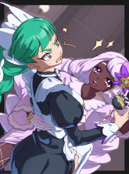  2girls absurdres apron ascot black_romper bow bowtie braid braided_ponytail brown_eyes dark-skinned_female dark_skin dress fascinator frilled_ascot frills glove_bow gloves green_hair hair_ornament highres jacinthe_(pokemon) juliet_sleeves lebanne_(pokemon) long_braid long_hair long_sleeves low_drills luxury_ball maid maid_apron maid_headdress master_and_servant mega_stone multiple_girls open_mouth poke_ball pokemon pokemon_legends:_z-a puffy_sleeves purple_dress purple_hair romper smile star_(symbol) teeth very_dark_skin violet_eyes white_bow white_bowtie white_gloves yanagino_(yanagino3) 