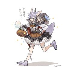  2girls alternate_costume animal_ear_fluff animal_ears artist_logo artist_name ascot bandaged_leg bandages black_cloak black_dress black_gloves black_hat black_ribbon blue_bow blue_hair blush bow bowtie bucket buttons candy chibi cloak closed_eyes closed_mouth commentary_request crossed_bangs dress earclip fake_claws fang food frills gem gloves grey_eyes grey_hair hair_between_eyes hair_ornament hair_ribbon hairclip halloween halloween_bucket halloween_costume hands_up hat hat_bow hat_ornament high_ponytail highres holding holding_bucket honkai:_star_rail honkai_(series) index_finger_raised jewelry kemonomimi_mode leg_up logo long_hair long_sleeves looking_at_another multicolored_hair multiple_girls open_mouth orange_ascot orange_bow orange_bowtie orange_skirt pendant ponytail puffy_long_sleeves puffy_sleeves raccoon_ears raccoon_tail red_cloak red_gemstone ribbon rizu033 running shadow shirt silver_wolf_(honkai:_star_rail) skirt skull_hat_ornament smile stelle_(honkai:_star_rail) streaked_hair suspender_skirt suspenders tail trailblazer_(honkai:_star_rail) two-sided_cloak two-sided_fabric white_shirt witch_hat wolf_ears wolf_tail 