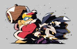  2boys absurdres bird_boy black_cape cape coat commentary english_commentary full_body fur-trimmed_coat fur_trim galaxia_(sword) grin hammer highres holding holding_hammer holding_sword holding_weapon king_dedede kirby_(series) male_focus mask meta_knight multiple_boys rariatto_(ganguri) red_coat smile sword weapon 