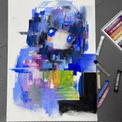  1girl abstract absurdres art_tools_in_frame blue_eyes blue_hair blunt_bangs crayon_(medium) highres looking_at_viewer original sawada_moco solo traditional_media upper_body 