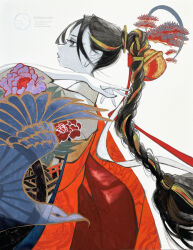  1girl absurdres animal_print arm_up bell bird_print black_eyes black_hair blonde_hair braid braided_ponytail commentary_request eyelashes from_side hair_bell hair_ornament hair_ribbon highres japanese_clothes kimono lips long_hair multicolored_hair narrowed_eyes original print_kimono ribbon shiguretau sidelocks signature simple_background solo streaked_hair traditional_media very_long_hair wide_sleeves 