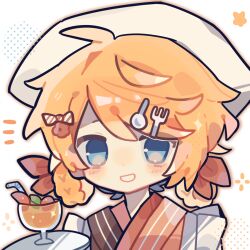  1boy alternate_costume apron black_kimono blonde_hair blue_eyes blush_stickers bow braid braided_hair_rings chinese_commentary commentary_request crossdressing crossdressing_(mtf) cup dot_nose drinking_glass drinking_straw empty_eyes enmaided food fork_hair_ornament frilled_apron frills fruit hair_bow hair_ornament hair_rings hairclip halftone happy headscarf highres holding holding_tray japanese_clothes juice kagamine_len kimono leaf maid male_focus messy_hair notice_lines open_mouth orange_(fruit) orange_bow orange_kimono orange_outline orange_slice outline short_hair simple_background smile solo sparkle spoon_hair_ornament star_(symbol) striped_bow striped_clothes striped_kimono swept_bangs tray two-tone_kimono upper_body vertical-striped_clothes vertical-striped_kimono vocaloid wa_maid white_apron white_background white_bow white_headscarf xianyu_fish 