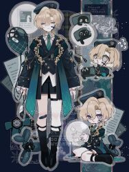  1boy absurdres aged_down alternate_costume aqua_eyes aqua_hat aqua_necktie aventurine_(honkai:_star_rail) balloon balloon_animal bandaid bandaid_on_knee bandaid_on_leg beret black_jacket black_shoes black_shorts black_socks blonde_hair cake_cat_(honkai:_star_rail) commentary diamond-shaped_pupils diamond_(shape) flying_sweatdrops frilled_sleeves frills full_body gauze gauze_on_cheek half-closed_eyes hat highres holding holding_balloon honkai:_star_rail honkai_(series) jacket kneehighs long_sleeves looking_at_viewer male_focus medal multicolored_eyes multiple_views necktie nerimono_(nekokoban22) parted_bangs pink_eyes shirt shoes short_hair short_shorts shorts sitting socks symbol-only_commentary symbol-shaped_pupils thigh_strap two-tone_eyes wariza watermark white_shirt 