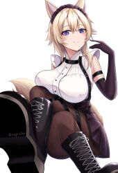  1girl absurdres animal_ears blonde_hair blue_eyes blush breasts cat_ears cat_girl cat_tail highres kage_no_jitsuryokusha_ni_naritakute! large_breasts looking_at_viewer maid maid_headdress nagisilon pantyhose short_hair simple_background sitting skirt smile solo tail white_background 