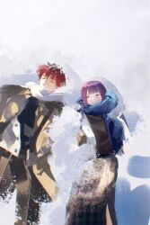  1boy 1girl black_skirt blue_scarf blunt_bangs brown_coat closed_eyes coat fern_(sousou_no_frieren) highres ikachyu light_smile long_hair looking_at_another lying on_back open_mouth purple_hair red_hair scarf short_hair skirt smile snow snow_angel sousou_no_frieren stark_(sousou_no_frieren) violet_eyes white_scarf winter winter_clothes 