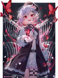  1girl :d beret black_choker black_dress black_hat border brooch bug butterfly choker dress dress_over_shirt fang flower gradient_hair hair_flower hair_ornament hat highres iku2727 jewelry looking_at_viewer mahou_shoujo_no_majo_saiban multicolored_hair neck_ribbon o-ring o-ring_thigh_strap open_mouth pink_hair red_butterfly red_eyes ribbon sakuraba_ema shirt short_hair skeletal_wings smile solo spoilers thigh_strap twitter_username upper_body white_border white_flower white_hair white_ribbon white_shirt wings witch_(manosaba) x_hair_ornament 