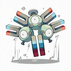  full_body looking_at_viewer magnet magneton mistray-art no_humans pokemon pokemon_(creature) screw signature simple_background solo white_background 