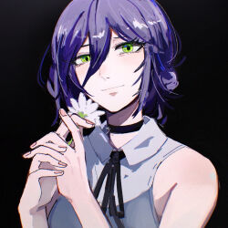  1girl black_background black_choker black_ribbon chainsaw_man choker closed_mouth flower green_eyes grenade_pin grey_shirt hair_between_eyes hami_(678717) looking_at_viewer neck_ribbon purple_hair reze_(chainsaw_man) ribbon shirt sleeveless sleeveless_shirt solo white_flower 