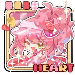  1girl amulet_heart bare_shoulders border character_name cheerleader chibi chinese_commentary color_guide commentary_request crop_top crossed_bangs detached_sleeves eyelashes frilled_shirt_collar frilled_sleeves frills hair_between_eyes hair_ornament happy hat heart heart_hair_ornament high_side_ponytail highres hinamori_amu holding holding_pom_poms humpty_lock_(shugo_chara!) light_blush looking_at_viewer magical_girl messy_hair midriff neck_ribbon notice_lines one_eye_closed open_mouth outline outside_border picture_frame pink_background pink_hair pink_hat pink_shirt pink_theme plaid_background pom_pom_(cheerleading) red_ribbon red_sleeves ribbon see-through_clothes see-through_headwear shirt short_hair_with_long_locks short_sleeves shugo_chara! sidelocks sideways_hat sleeveless sleeveless_shirt smile solo sparkle upper_body visor_cap white_border white_outline yanshuangjun yellow_eyes 