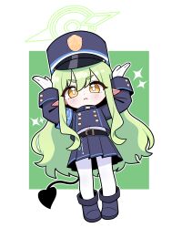  1girl absurdres armband badge belt black_boots black_hat black_tail blue_archive blue_armband blush boots buttons closed_mouth demon_tail double-breasted full_body gloves green_background green_hair green_halo halo hat highres hikari_(blue_archive) jorang_(jorang08) long_hair looking_at_viewer pantyhose peaked_cap pleated_skirt pointy_ears rabbit_pose shirt skirt solo sparkle tail taunting white_gloves white_pantyhose white_shirt yellow_eyes 