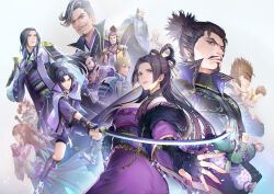  4girls 6+boys bare_shoulders beard black_hair black_nails brown_hair character_request chonmage cloak commentary_request facial_hair fingernails goatee half_updo high_ponytail hosokawa_gracia_(sengoku_musou) japanese_clothes kimono long_fingernails long_hair mole multiple_boys multiple_girls mustache nouhime_(sengoku_musou) oda_nobunaga_(sengoku_musou) oichi_(sengoku_musou) ponytail purple_kimono purple_nails sengoku_musou sideburns sidelocks smile topknot yoshicha 