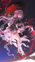  1girl absurdres bare_shoulders black_boots black_dress black_flower blue_sky boots closed_mouth clothing_cutout detached_sleeves dress earrings evernight_(honkai:_star_rail) floating_hair flower frilled_dress frills full_body hair_flower hair_ornament happy hei_yu high_heel_boots high_heels highres holding holding_umbrella honkai:_star_rail honkai_(series) jewelry layered_sleeves leaning_forward light_particles long_hair long_sleeves march_7th_(honkai:_star_rail) night night_sky outdoors petals pink_hair puffy_long_sleeves puffy_sleeves red_eyes red_umbrella rose_petals shadow short_dress shoulder_cutout sky smile socks solo standing thighlet umbrella umbrella_over_shoulder very_long_hair wavy_hair white_sleeves white_socks 