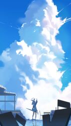  1girl absurdres arm_up arona_(blue_archive) blue_archive blue_hair blue_shirt blue_sky classroom cloud_focus clouds cloudy_sky commentary cumulonimbus_cloud from_behind halo highres holding holding_umbrella long_sleeves miniskirt reflection ruins sailor_collar scenery school_uniform shirt short_hair siopon12 skirt sky sky_focus solo standing umbrella umbrella_gun white_sailor_collar white_skirt wide_shot 