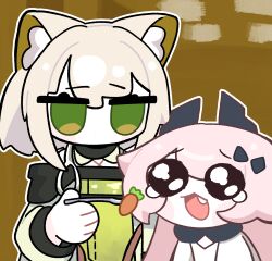  2girls absurdres amedrama animal_ears arknights carrot cat_ears cat_girl commentary dress fork green_dress green_eyes highres holding holding_fork kal'tsit_(arknights) korean_commentary long_hair multiple_girls no_mouth open_mouth photo-referenced pink_hair short_hair theresa_(arknights) 