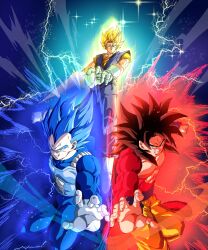  absurdres arm_blade blue_eyes blue_hair blue_sash boots dougi dragon_ball dragon_ball_gt earrings full_body gloves highres jewelry kazumax76 male_focus monkey_tail muscular muscular_male pants potara_earrings sash shirt smirk son_goku spiky_hair super_saiyan super_saiyan_1 super_saiyan_4 super_saiyan_blue super_saiyan_blue_evolved tail vegeta vegetto weapon 