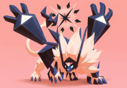  alternate_color animal_nose black_claws black_gemstone blue_eyes claws commentary commentary_request crystal ewokakukaede gem glowing glowing_eyes highres horns lion mane necrozma necrozma_(dusk_mane) no_humans official_alternate_color pink_background pokemon pokemon_(creature) pokemon_focus shiny_pokemon solo sparkle star_(symbol) sun_symbol tail triangle 