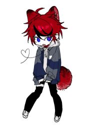 1boy :3 ahoge animal_ears black_hair black_pants blue_eyes blue_jacket collar colored_skin commentary dog_boy dog_ears dog_tail drawstring full_body grey_jacket hair_between_eyes heart heart_of_string highres hood hood_down hoodie jacket jacket_over_hoodie long_sleeves male_focus multicolored_hair multicolored_jacket nyab_oo open_clothes open_jacket open_mouth pants red_collar red_hair shoes short_hair simple_background smile sneakers solo streaked_hair sumino_takumi symbol-only_commentary tail the_hundred_line_-last_defense_academy- thigh_strap tsurime two-tone_hair two-tone_jacket white_background white_hoodie white_shoes white_skin 