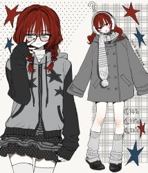  1girl ? black_shoes black_skirt braid coat earmuffs full_body glasses grey_coat grey_eyes grey_leg_warmers hair_between_eyes head_tilt highres hood hooded_jacket jacket leg_warmers long_hair long_sleeves multiple_views original polka_dot polka_dot_skirt red_hair scarf shoes skirt sleeves_past_fingers sleeves_past_wrists star_(symbol) star_print twin_braids wayon154 