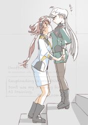 2girls absurdres asticassia_school_uniform black_boots black_hairband blush boots commentary_request green_jacket green_shorts grey_background grey_eyes gundam gundam_suisei_no_majo hairband highres holding_hands jacket kon_osm long_hair miorine_rembran multiple_girls on_stairs ponytail red_hair school_uniform shorts suletta_mercury thick_eyebrows watermark white_jacket white_shorts yuri 