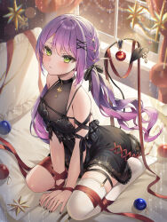  1girl absurdres alternate_costume bare_shoulders between_legs black_choker black_dress black_nails blush bound bound_wrists bow breasts choker closed_mouth commentary_request cross-laced_clothes cross-laced_dress decorations demon_girl demon_tail dress fingernails green_eyes hair_bow hair_ornament halter_dress halterneck hand_between_legs highres hololive indoors long_hair looking_up low_twintails nail_polish no_shoes on_bed pendant_choker piercing pillow purple_hair red_ribbon ribbon runlan_0329 seiza sitting small_breasts solo swept_bangs tail tail_ornament tail_piercing thigh-highs thigh_strap tokoyami_towa twintails virtual_youtuber white_thighhighs x_hair_ornament 