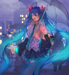  1girl 3others :d absurdres aqua_necktie aqua_trim arm_tattoo armpit_crease bare_shoulders beamed_eighth_notes black_skirt black_sleeves blue_hair breasts chinese_commentary city closed_eyes clouds cloudy_sky collared_shirt commentary_request day detached_sleeves double-parted_bangs floating_hair glowing glowing_hair hair_between_eyes hair_ornament hatsune_miku highres holding holding_umbrella hui_zhai_niao long_hair long_sleeves messy_hair miniskirt multiple_others music musical_note necktie number_tattoo open_mouth outdoors people pleated_skirt rain raised_eyebrows shirt singing sixteenth_note skirt skirt_set sky sleeveless sleeveless_shirt small_breasts smile solo_focus standing tattoo teeth tongue twintails umbrella upper_teeth_only very_long_hair vocaloid water_drop white_shirt white_umbrella wide_sleeves 
