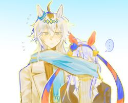  ... 2girls ahoge animal_ears black_coat black_streaks black_sweater blue_background blue_eyes blue_hair blue_hairband blue_scarf coat colored_speech_bubble commentary covered_face double-parted_bangs ear_covers english_commentary flying_sweatdrops frown fur-trimmed_coat fur_trim gradient_background grey_sweater hairband height_difference highres horse_ears horse_girl long_hair lowpolyaiden multiple_girls oguri_cap_(umamusume) open_clothes open_coat ribbed_sweater scarf scarf_over_mouth shared_clothes shared_scarf simple_background slit_pupils speech_bubble spoken_ellipsis sweatdrop sweater tamamo_cross_(umamusume) turtleneck turtleneck_sweater umamusume upper_body white_coat white_hair worried 