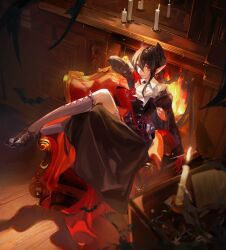  1girl absurdres animal_on_shoulder arknights arm_up ascot bat_(animal) bat_wings black_dress black_shoes black_wings chair closed_mouth collar dress earrings entelechia_(arknights) gloves hair_between_eyes hair_horns high_heels highres indoors jewelry juliet_sleeves kneehighs light_smile long_dress long_sidelocks long_sleeves mole mole_under_eye on_chair pointy_ears puffy_sleeves qkun red_eyes red_gloves shoes sidelocks sitting socks white_ascot white_collar wings 