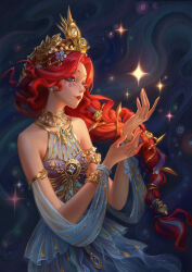  1girl abstract_background absurdres armlet bangle bare_shoulders blue_background blue_eyes blue_gemstone blue_ribbon bracelet braid chenatu_tutu colored_eyelashes cowboy_shot crown cupping_hands curtained_hair detached_sleeves dress earrings flower flower_braid gem gold_armlet gold_choker gold_trim grace_(identity_v) grace_(weeping_goddess)_(identity_v) hair_flower hair_ornament hair_ribbon halter_dress halterneck hands_up highres identity_v jewelry long_hair long_sleeves looking_at_object official_alternate_costume official_art own_hands_together parted_bangs pearl_(gemstone) pearl_earrings red_hair red_lips ribbon ribbon_braid see-through_clothes see-through_sleeves single_braid sleeveless sleeveless_dress smile solid_eyes solo sparkle standing star_(sky) teardrop_facial_mark very_long_hair 