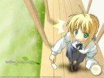  1girl ahoge artoria_pendragon_(all) blonde_hair fate/stay_night fate_(series) food green_eyes looking_at_viewer ribbon saber solo tagme uniform walking 