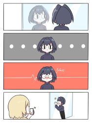  &lt;|&gt;_&lt;|&gt; 2girls ^^^ black_hair black_pants black_sweater blonde_hair blush cellphone commentary fong_(fongthe0125) highres holding holding_phone hololive hololive_english multiple_girls nose_blush ouro_kronii pants phone reflection short_hair sweater turtleneck turtleneck_sweater virtual_youtuber watson_amelia wide-eyed 