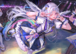  1girl 2others absurdres audience ayatsuno_yuni blue_bow blue_bowtie blue_eyes bow bowtie commentary_request double_v frilled_cuffs highres hjwhuhu horns impasto leg_up looking_at_viewer multiple_others one_eye_closed open_mouth pantyhose puffy_short_sleeves puffy_sleeves short_sleeves single_horn solo_focus stage stellive unicorn_girl unicorn_horn v virtual_youtuber white_hair white_pantyhose wrist_cuffs 