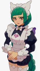  1girl absurdres apron braid brown_eyes closed_mouth commentary_request cowboy_shot green_hair headdress highres lebanne_(pokemon) long_hair long_sleeves maid miromari own_hands_together pokemon pokemon_legends:_z-a puffy_sleeves simple_background solo thigh-highs white_background 