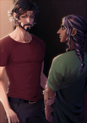  2boys absurdres aquiline_nose bags_under_eyes beard black_hair blackberreh-art braid crow&#039;s_feet dark_skin design_speculation earrings elias_bouchard eyelashes facial_hair frown_lines green_eyes green_pupils green_shirt grey_hair highres jewelry jonathan_sims lips long_hair male_focus mole multicolored_hair multiple_boys nose red_pupils red_shirt shirt short_hair single_braid t-shirt the_magnus_archives two-tone_hair wavy_hair 
