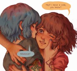 2girls arm_tattoo black_shirt blue_eyes blue_hair blue_nails brown_hair chloe_price closed_eyes commentary english_commentary english_text fingernails grin hand_on_another&#039;s_face highres hug kiss kissing_cheek life_is_strange_(series) max_caulfield maxcrackfield multiple_girls nail_polish one_eye_closed pink_shirt red_nails shirt short_hair short_sleeves simple_background smile speech_bubble tattoo upper_body white_background yuri 
