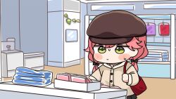  1girl bag black_bow black_skirt blush_stickers bow brown_hat brown_jacket chibi closed_mouth commentary_request flat_cap green_eyes hair_between_eyes hair_bow hat hololive indoors jacket long_hair low_twintails mochimiko pink_hair pleated_skirt sakura_miko shop shoulder_bag skirt solo sweat twintails very_long_hair virtual_youtuber 